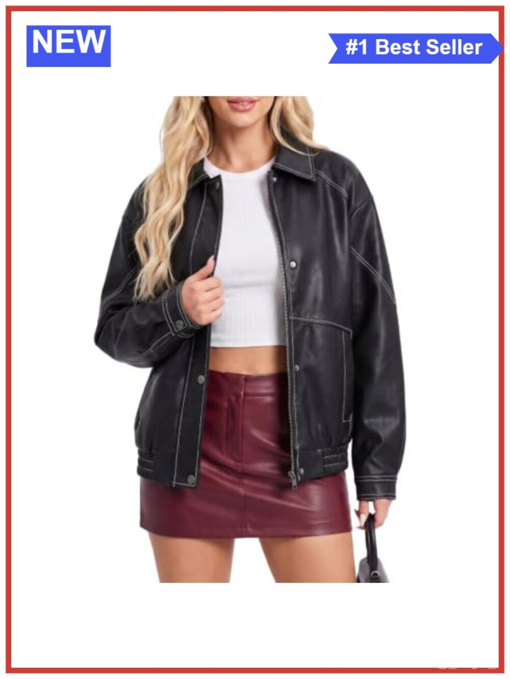 Oversized Faux Leather Bomber Jacket Zip Closure Casual Outerwear